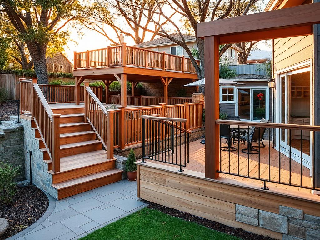 Multi-level deck and patio combination with pergola overhead