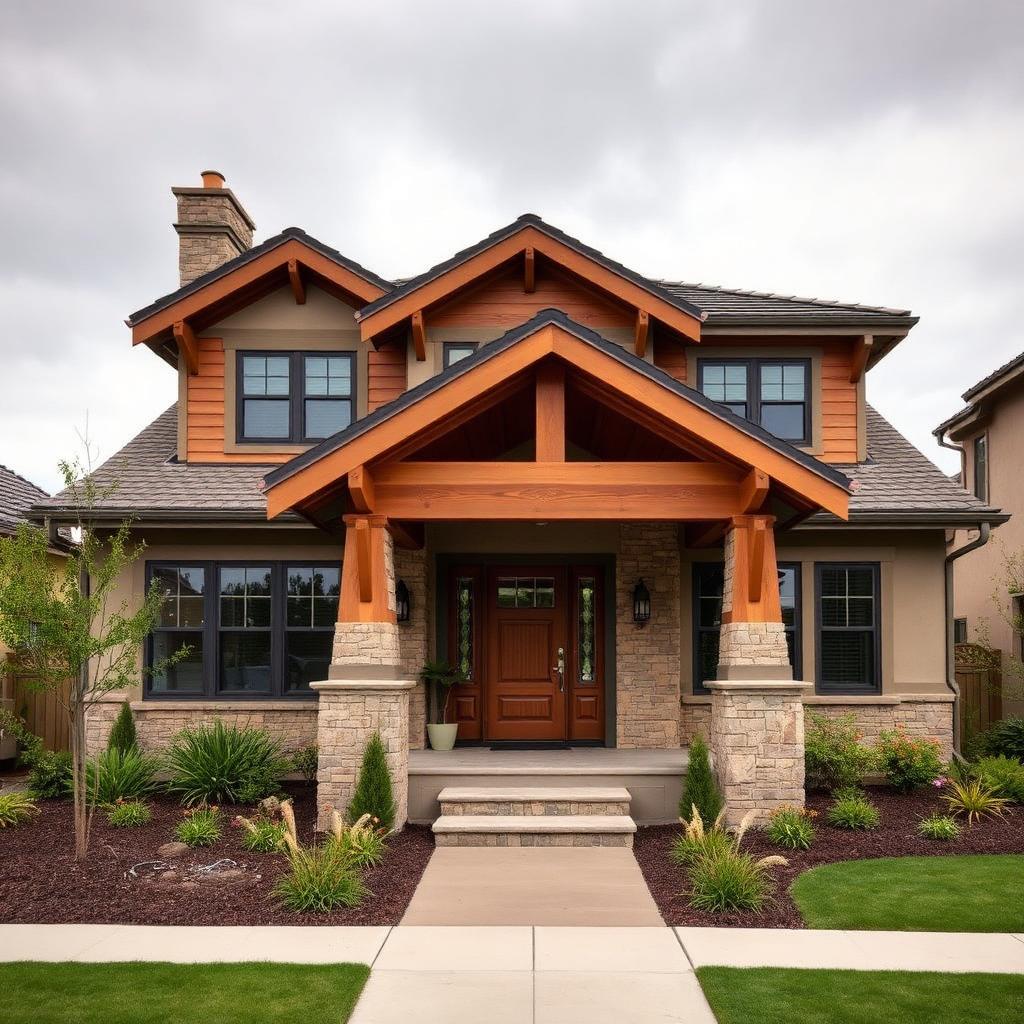 Custom residential home construction with craftsman details and finished landscaping
