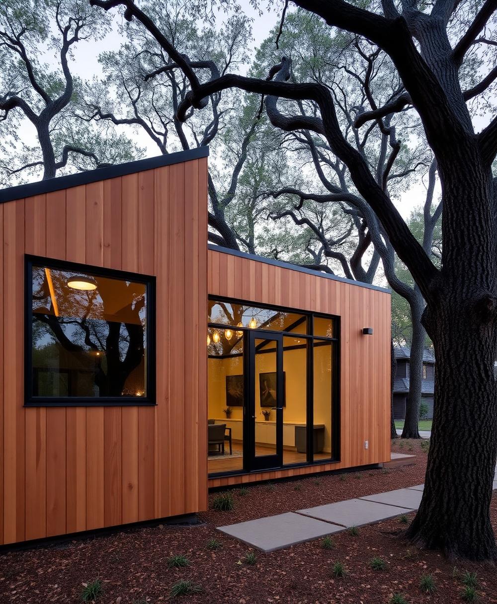 Modern ADU with cedar siding nestled among oaks in Petaluma
