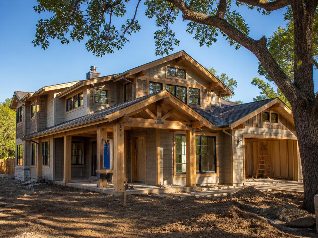 Custom residential home under construction with exposed timber framing and craftsman detailing in a sunny North Bay setting